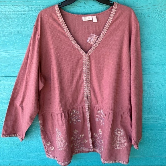 LOGO by Lori Goldstein Tops - LOGO Lori Goldstein Boho Embroidered Jacket Mauve Size XL Hook Eye Closure NWT